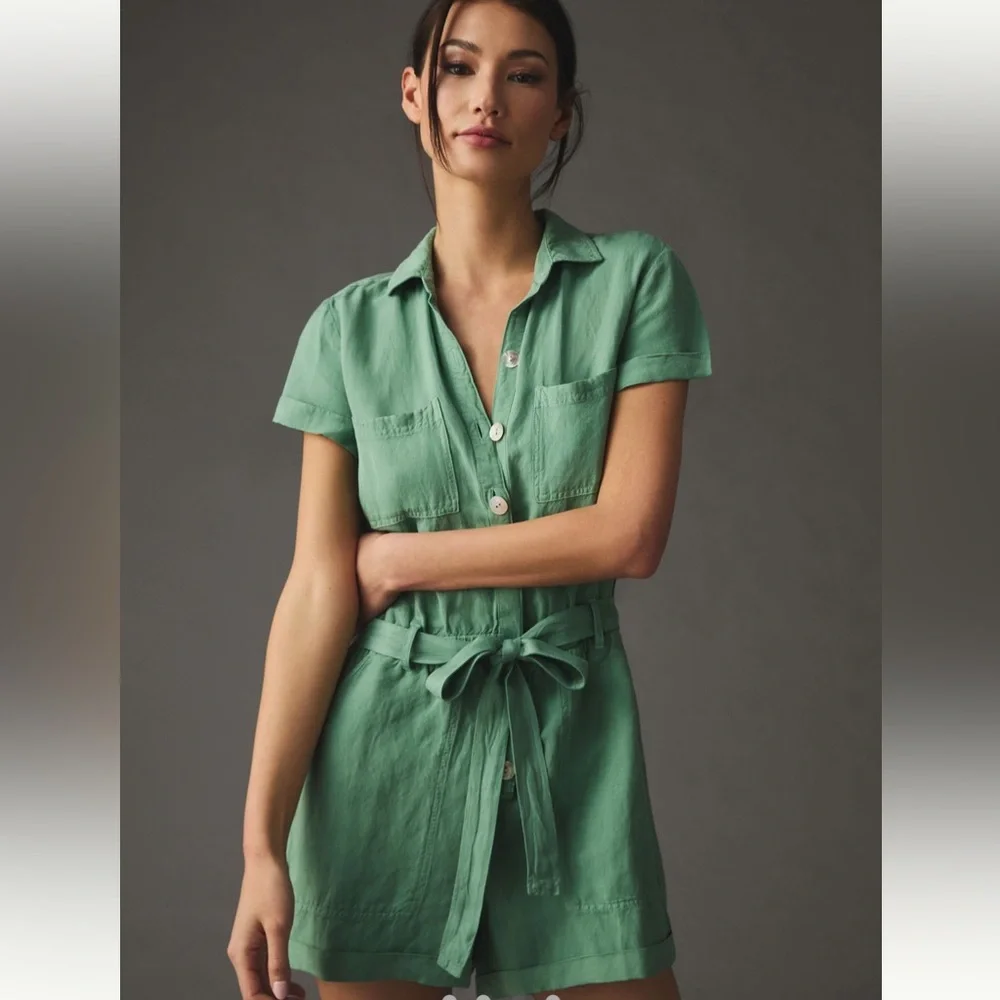 Anthropologie Cloth & Stone Utility Green Button-Up Romper - Picture 3 of 6